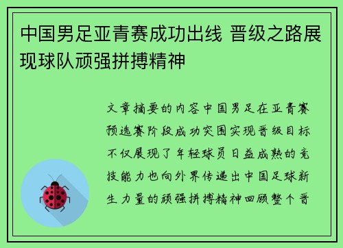 中国男足亚青赛成功出线 晋级之路展现球队顽强拼搏精神